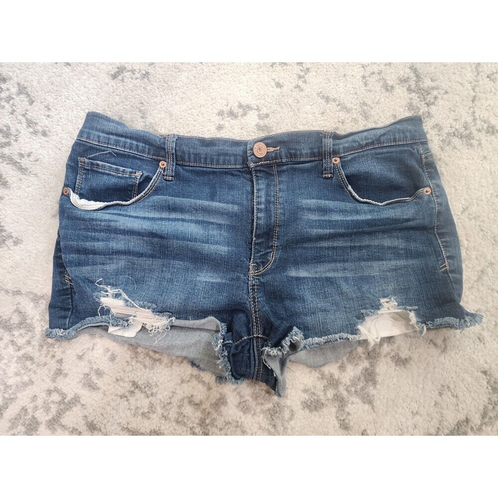 Y2K Mudd Dark Blue Mini Denim Cut Off Shorts FLX Stretch Frayed Hem Size 17